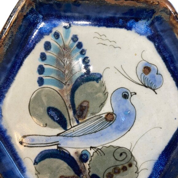 Ken Edwards Vintage Dish Plate Bowl Tonala Pottery Bird Butterfly Drip Glaze - Picture 2 of 7